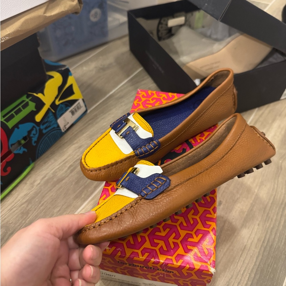 Tory Burch Yellow and Brown Loafers with Blue Accent - Picture 2 of 6